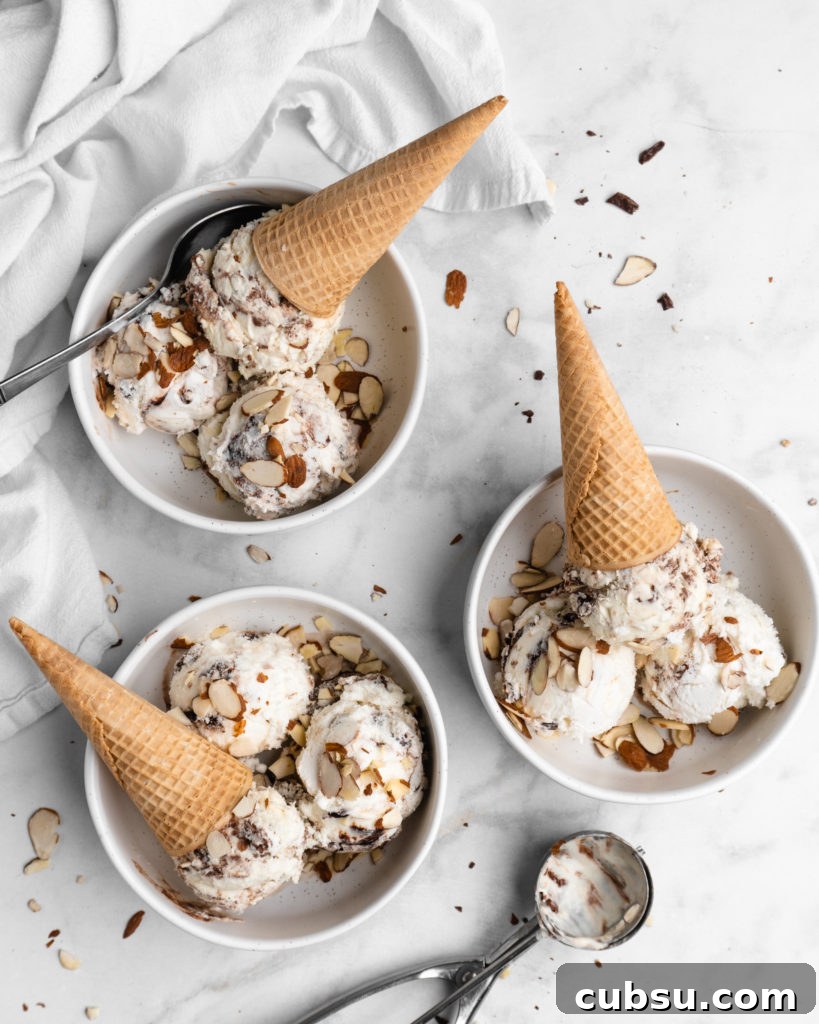 No churn almond ice cream is infused with a mocha swirl and full of chopped almonds, scooped into bowls
