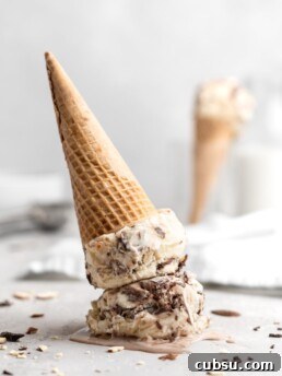 No churn almond ice cream is infused with a mocha swirl and full of chopped almonds, scooped into a cone