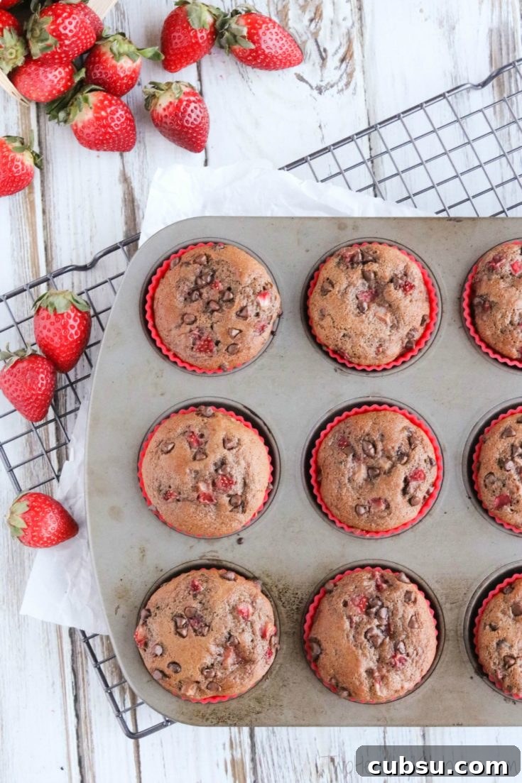 Overhead photo of muffins with fresh strawberries nearby.