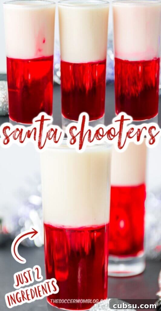 Festive Tipsy Santa Shooters Recipe for Holiday Parties 8 layered red and white Christmas shots - 2 photos