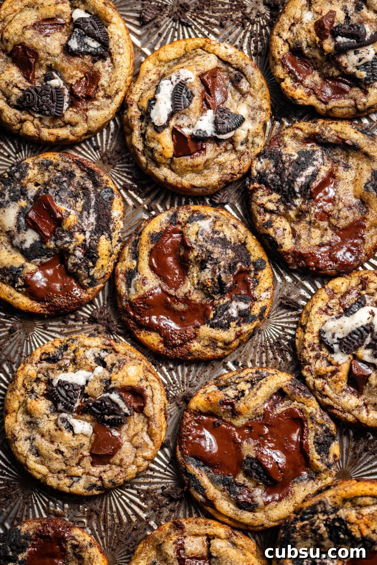 Chewy Oreo Chocolate Chip Cookies Recipe for Ultimate Indulgence 4 Close up of Oreo chocolate chip cookies on cookie sheet.