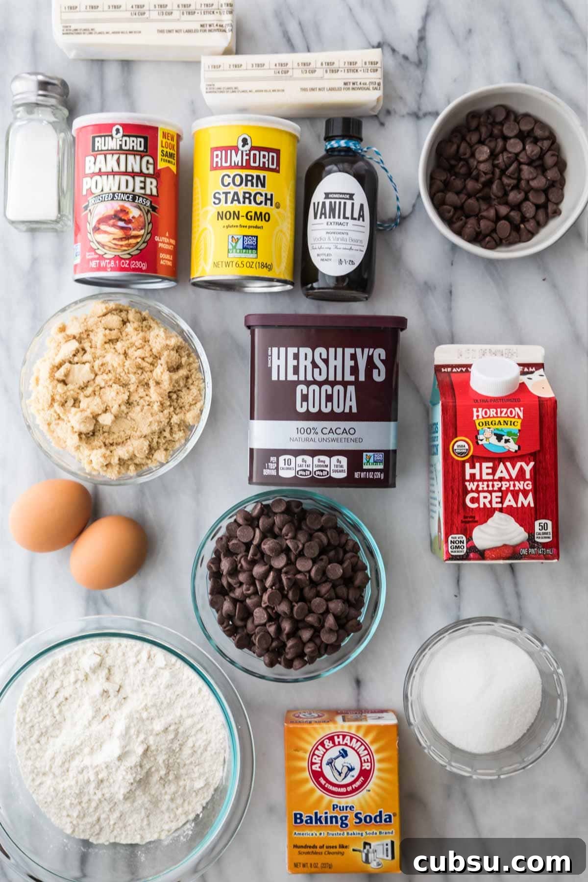 Chewy Fudge Chocolate Cookies Recipe 3 overhead view of ingredients for fudge cookies