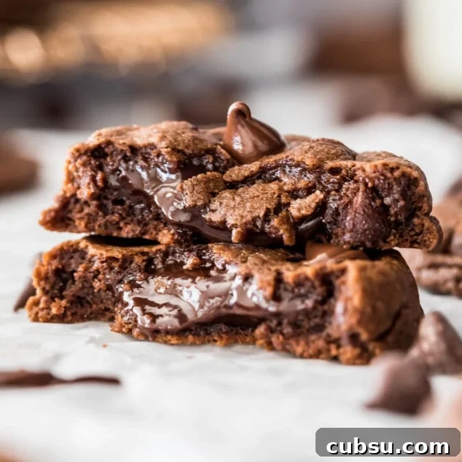 Chewy Fudge Chocolate Cookies Recipe 7 two halves of a chocolate fudge cookie stacked to show its soft, fudgy center