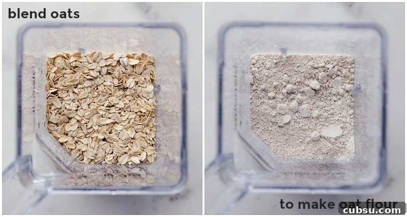 Creating Oat Flour: Blending Oats into Flour Consistency Making oat flour by placing oats in the blender and processing them until they are pulverized into flour.