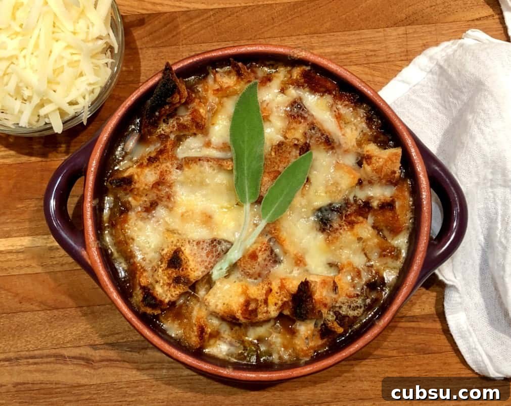 french onion soup in a bowl with sage.