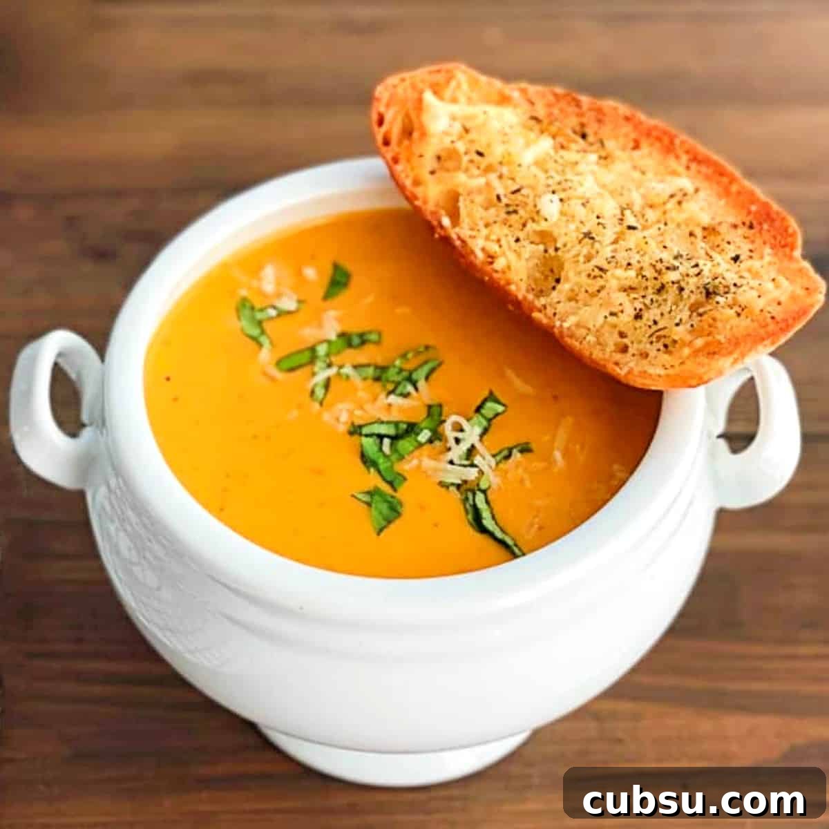 roasted tomato soup with basil garnish.