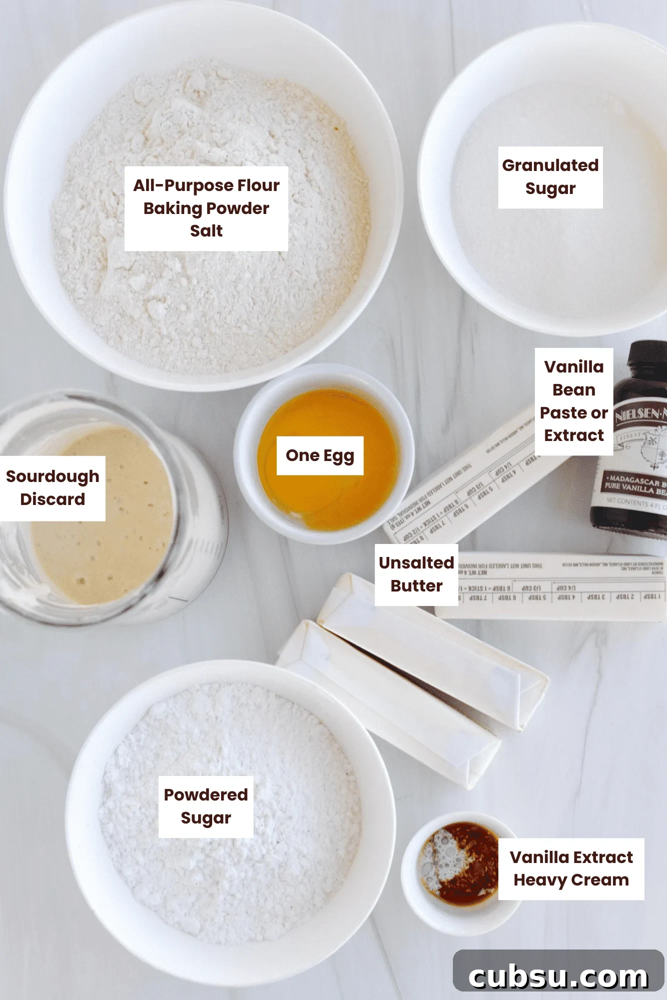 Sourdough Sugar Cookie Bars Recipe — Buttery Soft Cookie Bars 3 Labeled ingredients on a countertop.