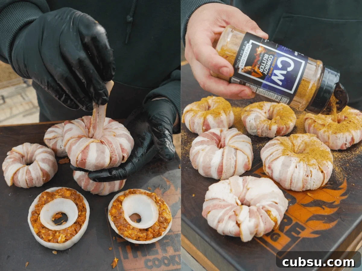 Crispy Chorizo-Stuffed Onion Rings Recipe 5 Assembling the stuffed onion rings with chorizo and bacon, then seasoning with Cowboy Butter Rub