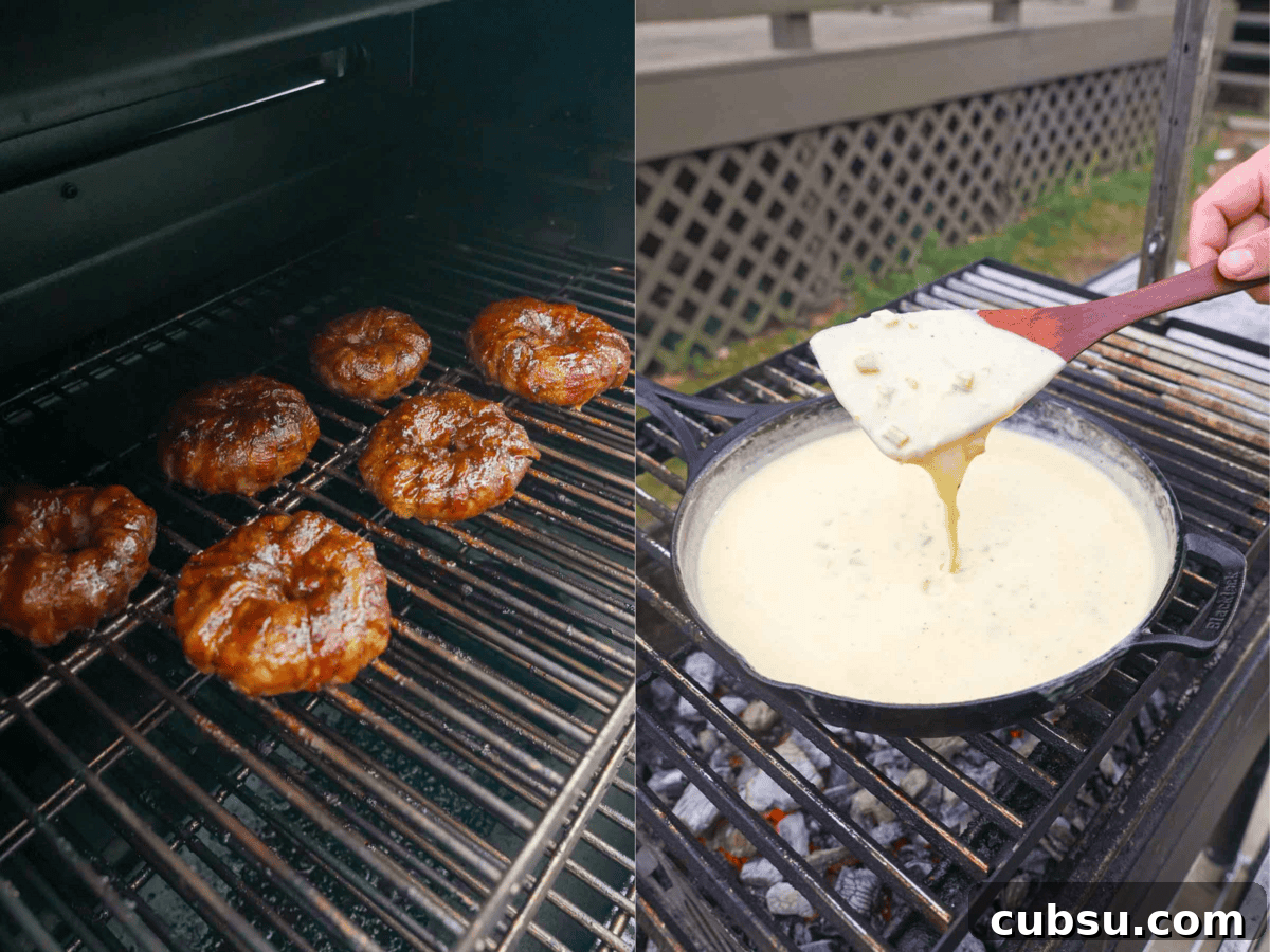 Crispy Chorizo-Stuffed Onion Rings Recipe 8 Finished stuffed onion rings and lifting melted queso out of a cast iron skillet with a spatula