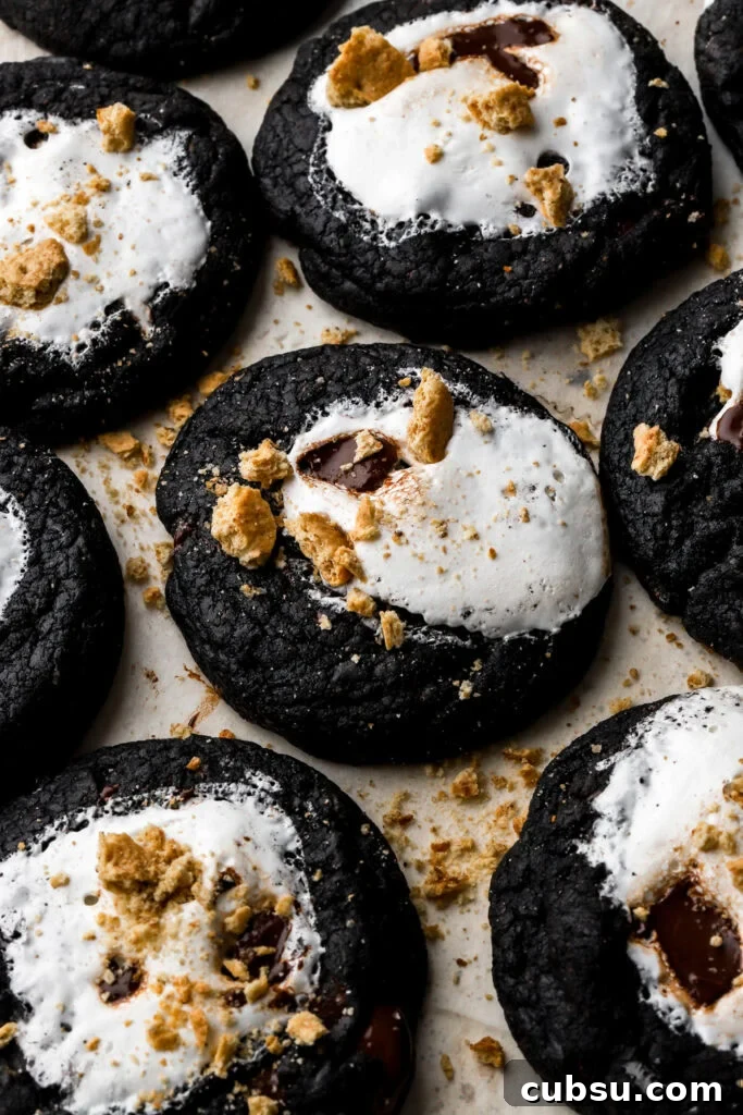 Chocolate S'mores Cookies Recipe — Gooey Campfire Treats 2 chocolate s'mores cookies with marshmallow fluff and graham crackers