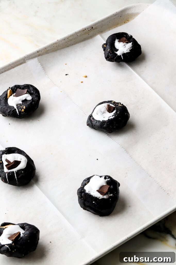 Chocolate S'mores Cookies Recipe — Gooey Campfire Treats 12 chocolate s'mores cookie dough rolled into balls with a well in the center filled with marshmallow fluff
