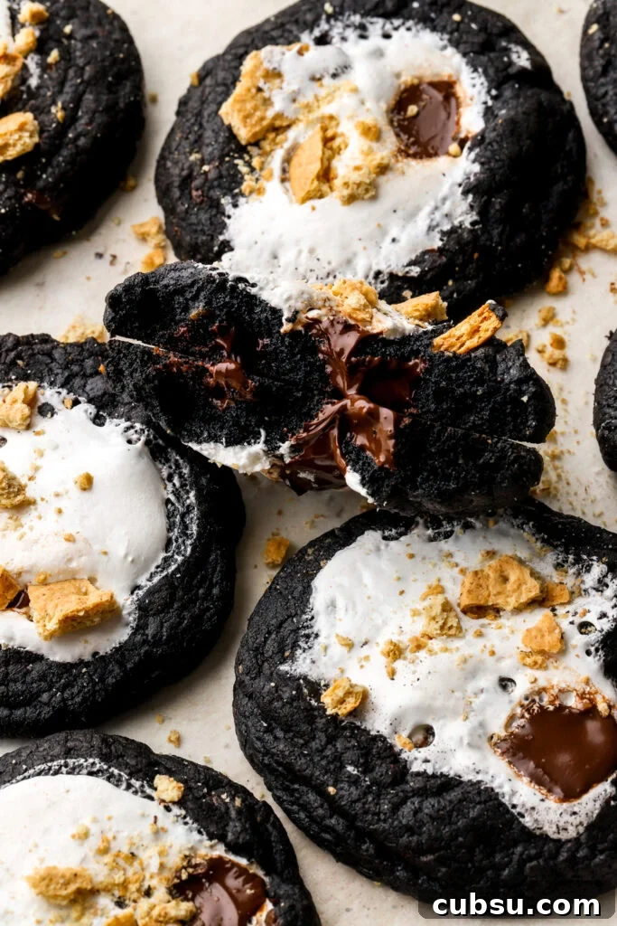 Chocolate S'mores Cookies Recipe — Gooey Campfire Treats 3 close up of the inside of a chocolate s'mores cookies