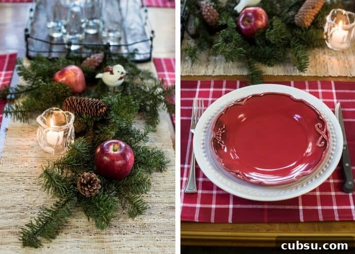 A holiday table setting with red and white plates and a checkered placemat.