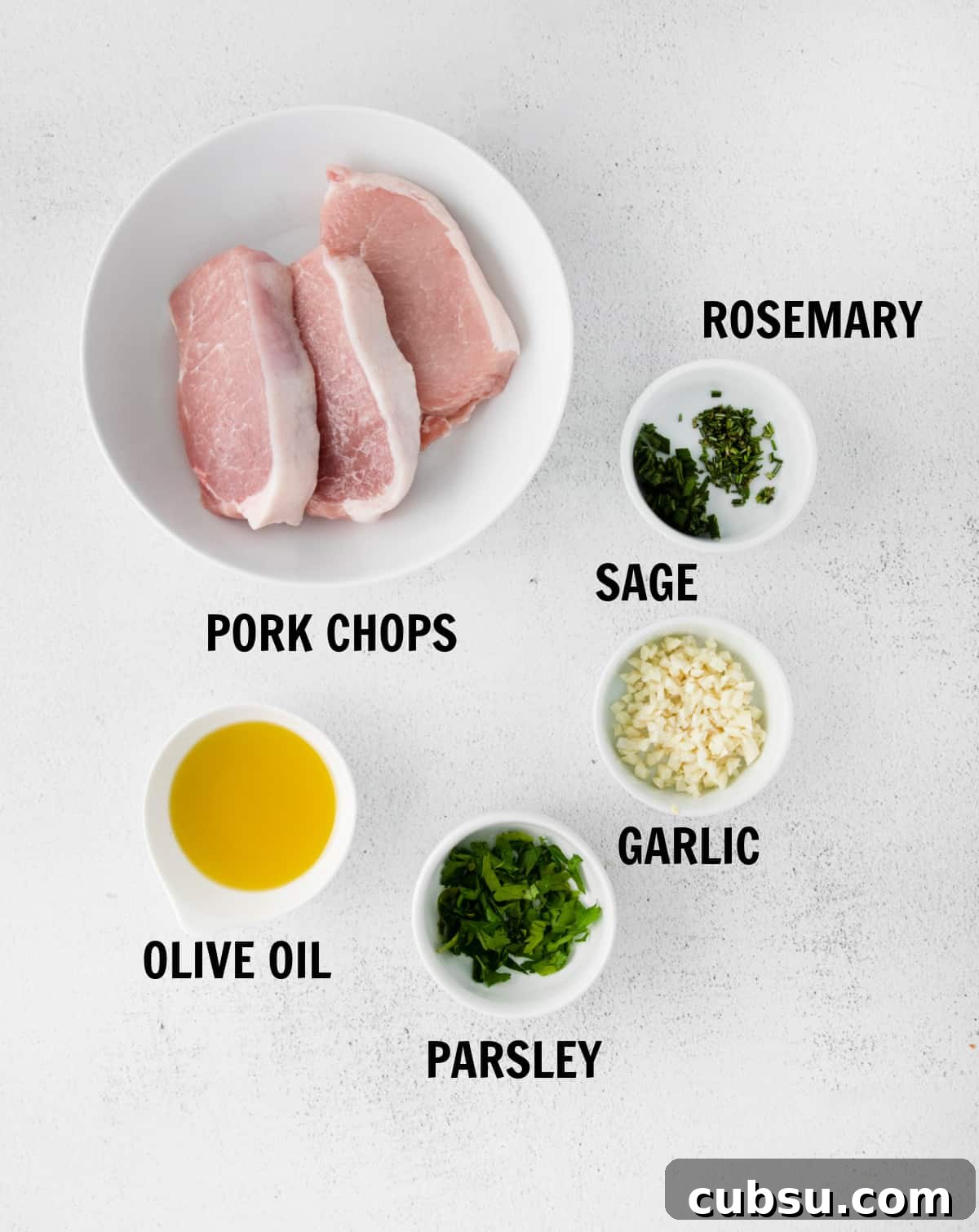 Juicy Grilled Boneless Pork Chops with Garlic Herb Marinade 3 all of the ingredients for bonless pork chops on a white tabletop