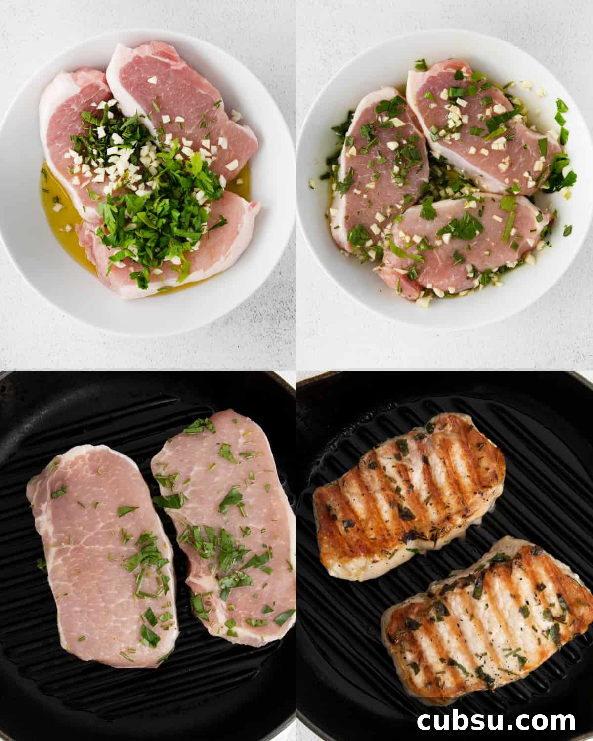 Juicy Grilled Boneless Pork Chops with Garlic Herb Marinade 4 mixing together ingredients for pork chops in a bowl and grilling