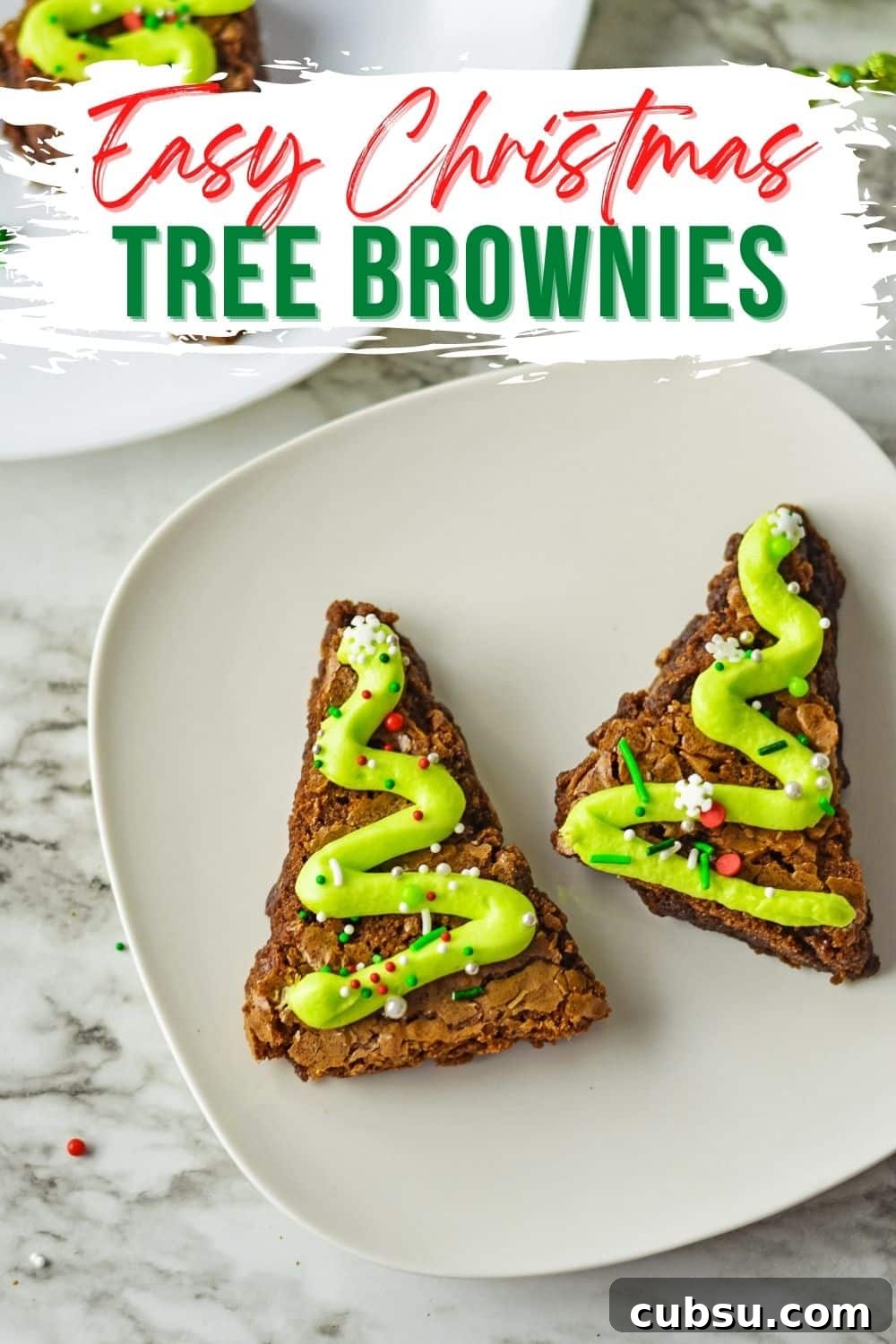 Brownie Christmas Tree Treats Made from a Mix 2 brownies shaped like Christmas trees on a platter