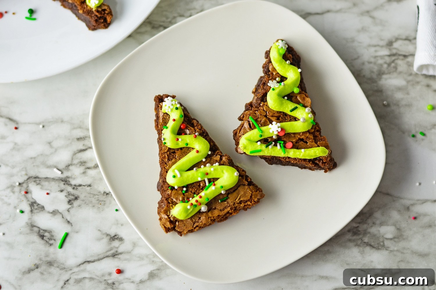 Brownie Christmas Tree Treats Made from a Mix 6 decorated Christmas tree brownies