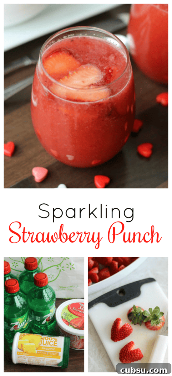 Sparkling Strawberry Pineapple Punch Recipe 2 A delicious sparkling strawberry punch made with strawberries, pineapple juice and 7-up. Add heart shaped strawberries as a garnish for the perfect Valentine's Day punch!