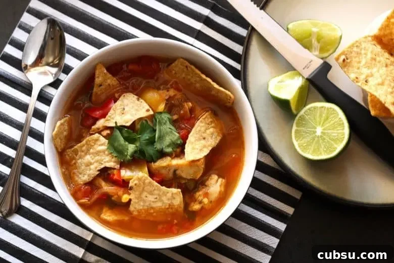 Authentic Mexican Chicken Tortilla Soup Recipe 2 This chicken tortilla soup is easy to make thanks to pre-cooked chicken - you can even use a rotisserie chicken. It is full of vegetables and spice!