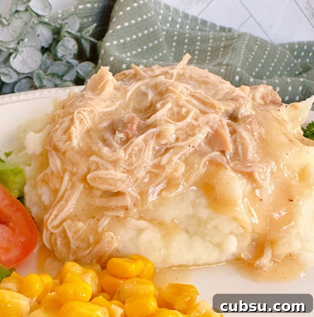Creamy Slow Cooker Chicken with Savory Gravy 2 Slow Cooker Chicken and Gravy on top of mashed potatoes on a white dinner plate.