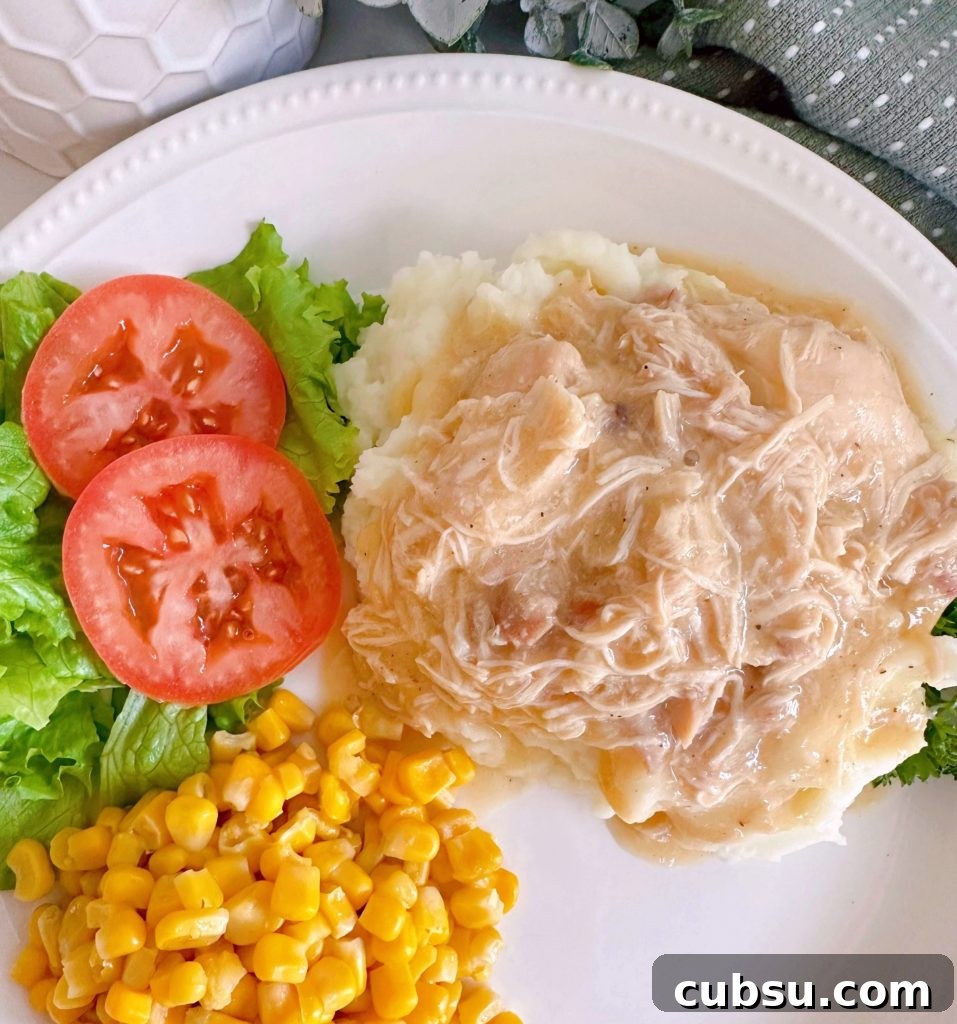 Creamy Slow Cooker Chicken with Savory Gravy 7 Slow Cooker Chicken and Gravy with salad and corn.