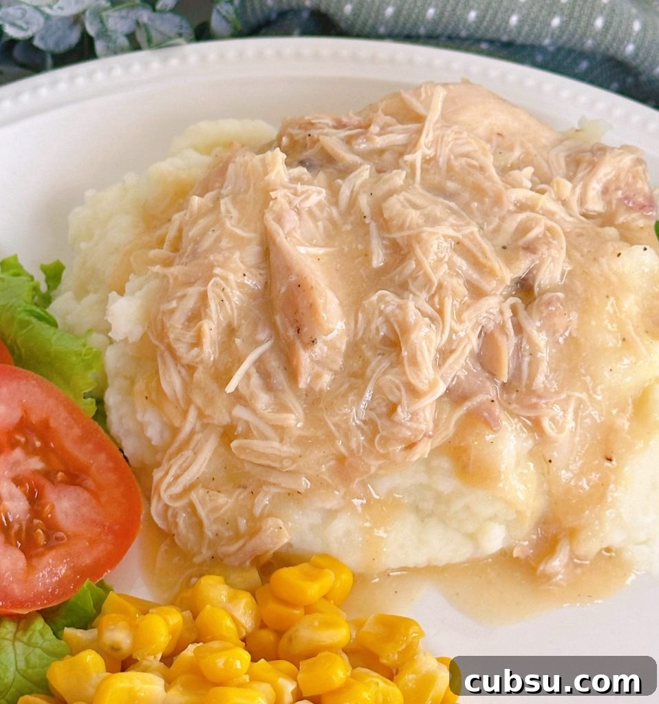 Creamy Slow Cooker Chicken with Savory Gravy 8 Slow Cooker Chicken and Gravy on a dinner plate.