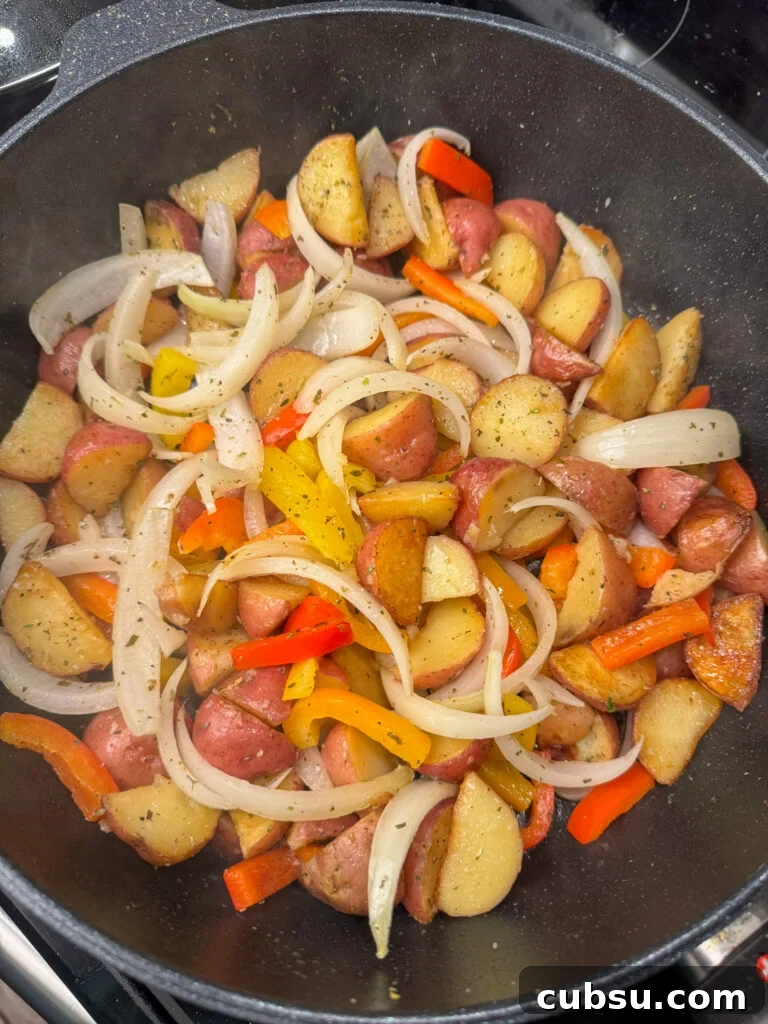 Kielbasa skillet seasoned with Italian herbs, salt and pepper.