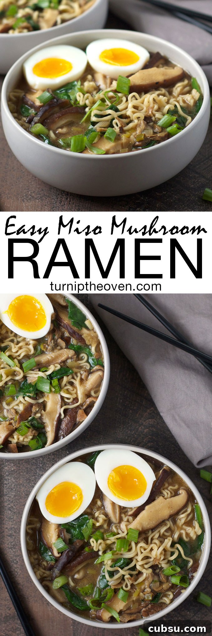 This easy and healthy miso mushroom ramen is vegetarian (with a vegan option). You can make it in under an hour using only 10 supermarket-friendly ingredients! 