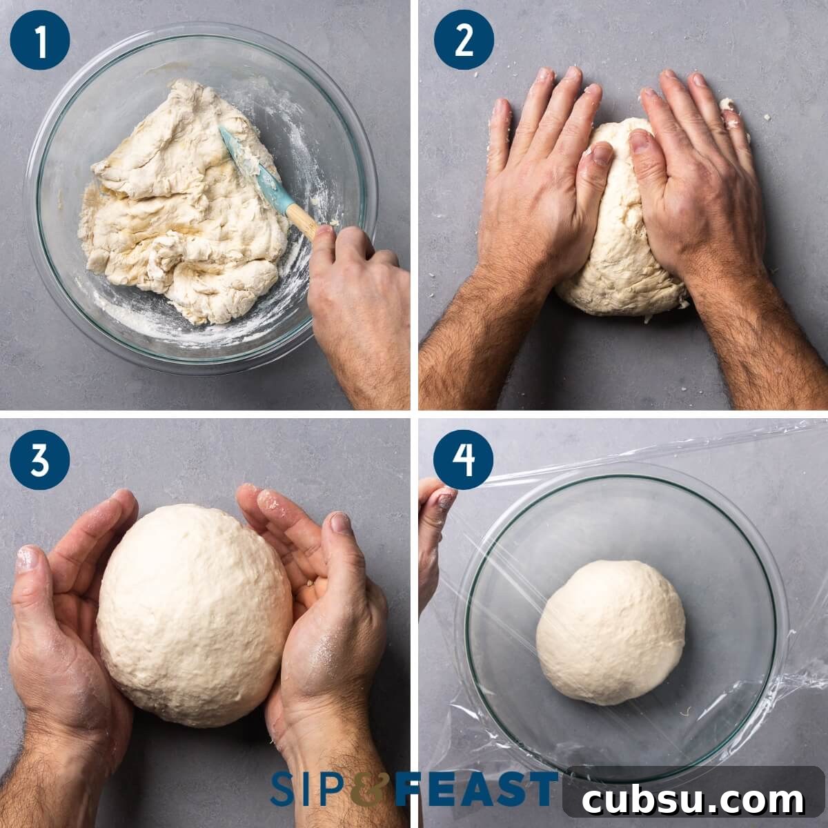 Recipe process shot collage one showing mixing the dough, kneading dough, balling dough, and covering dough in oiled bowl.