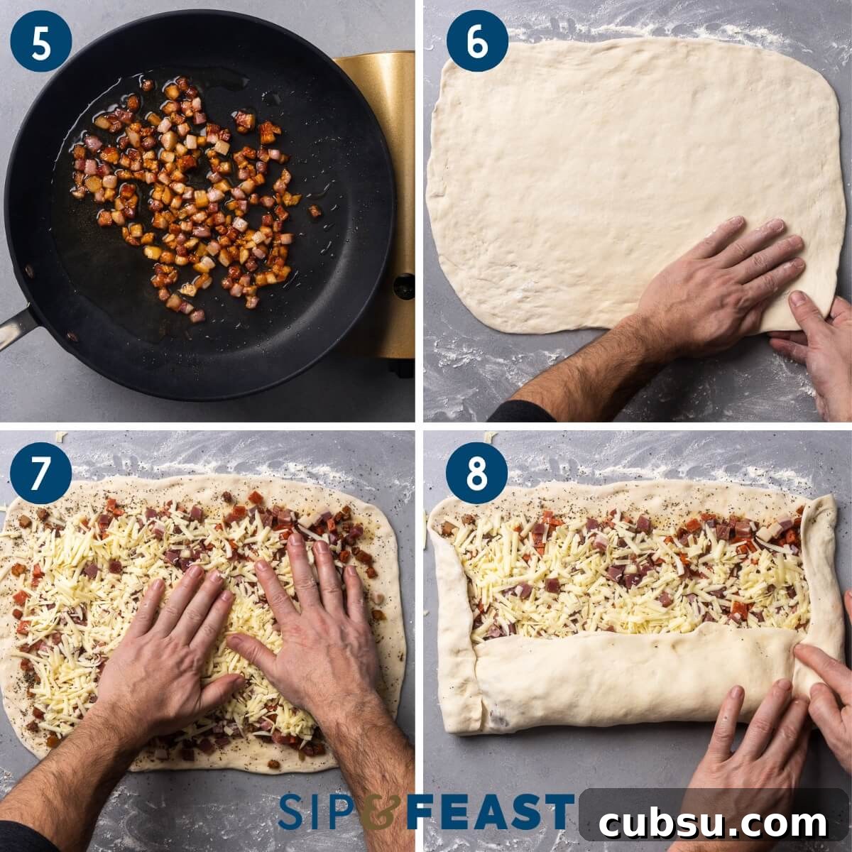 Collage two showing sauteing pancetta, stretching dough into rectangle, placing cured meats and cheese onto the dough, and rolling the dough.