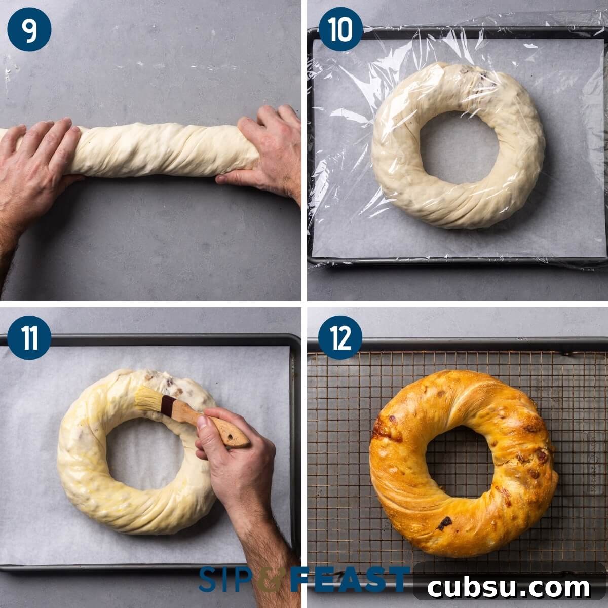Collage three showing twisting the dough, placing the formed wreath onto a baking sheet and covering with plastic wrap, brushing eggwash onto dough, and the baked prosciutto bread on a wire rack.