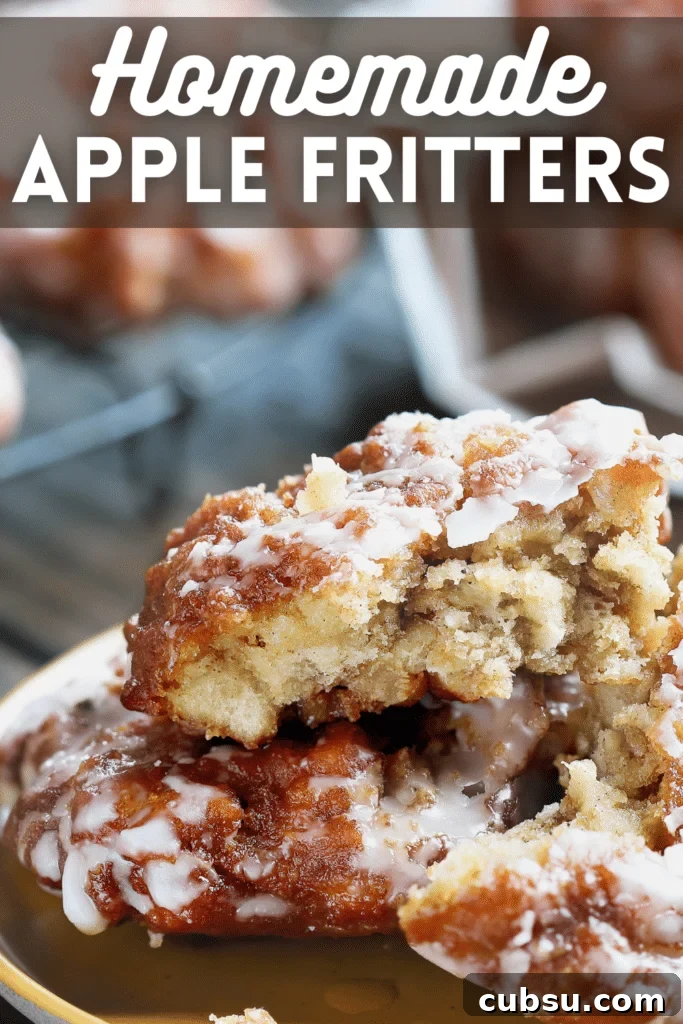 apple fritters recipe cooked on plate with text
