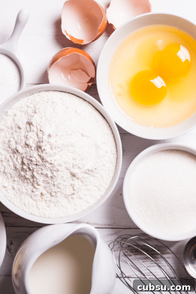 apple fritter ingredients, flour, eggs, sugar, milk