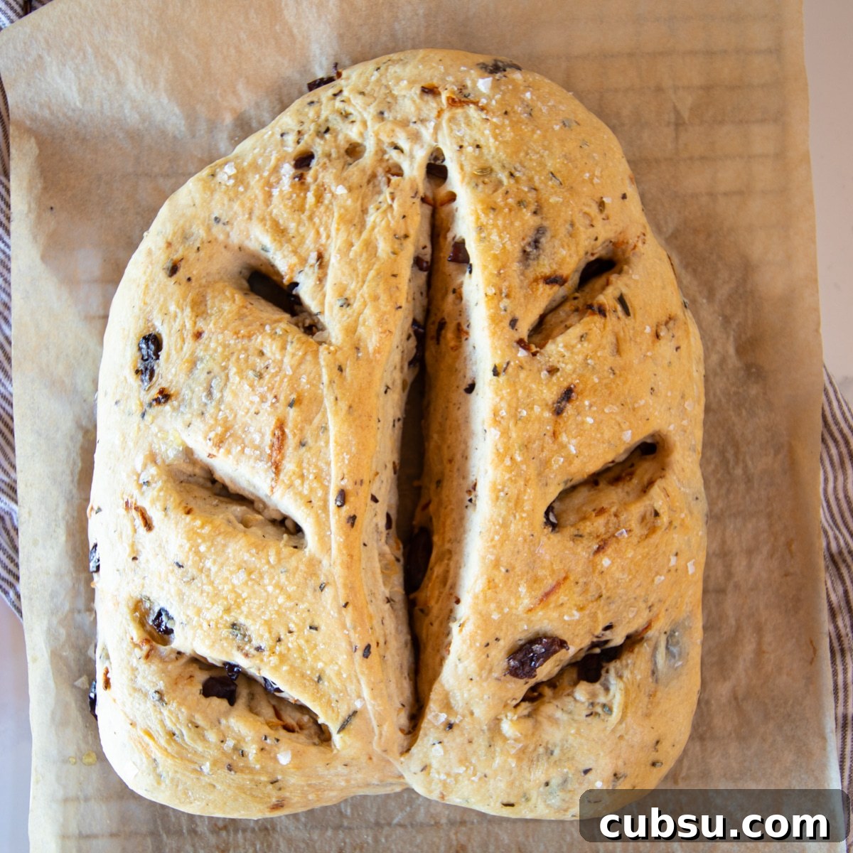 Black Olive & Herb Fougasse: Rustic French Flatbread Recipe 5 Fougasse flatbread fresh from the oven.