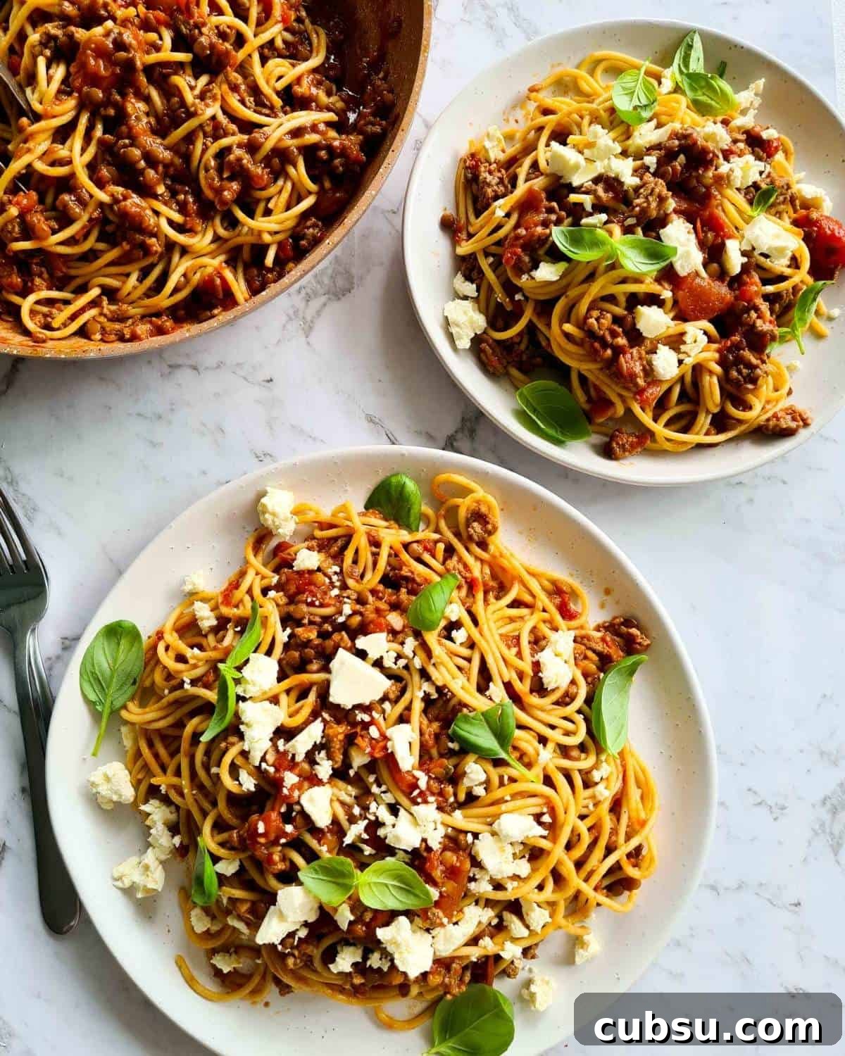 One large and one small plate of beef and lentil bolognese ready for serving.