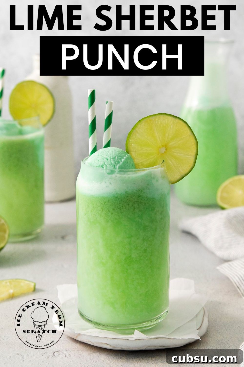 a clear can-shaped glass filled with lime sherbet punch. Text overlay says "lime sherbet punch"