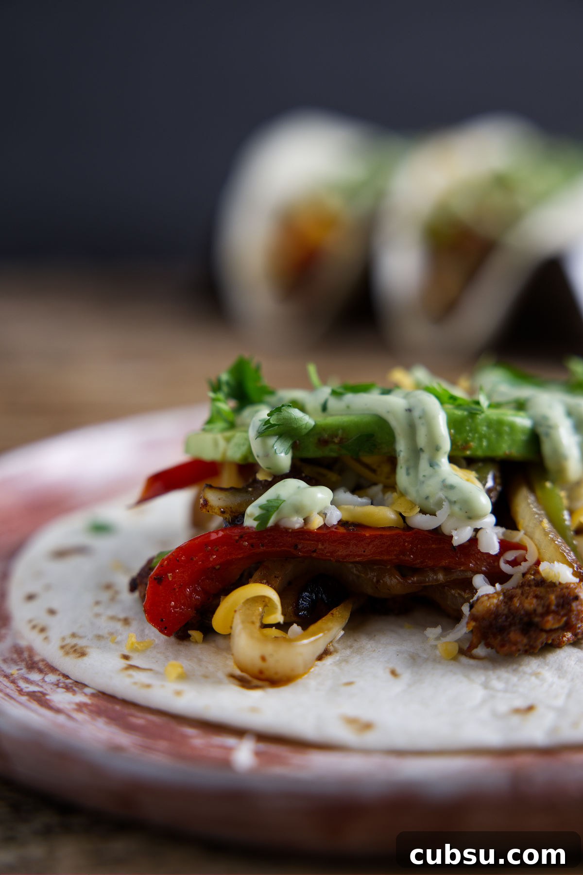 Blackstone Griddle Steak Fajitas: Flavorful Skillet Recipe 3 Close up of tortilla filled with chicken fajita.