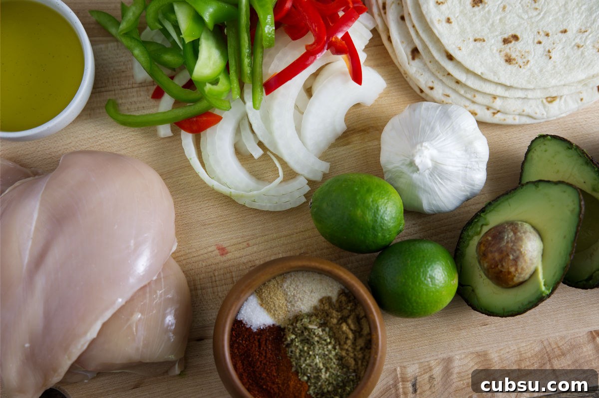 Blackstone Griddle Steak Fajitas: Flavorful Skillet Recipe 4 Ingredients for Blackston Fajitas including chicken breast, onions, bell peppers, spices, lime, avocado, garlic, oil, and tortillas.