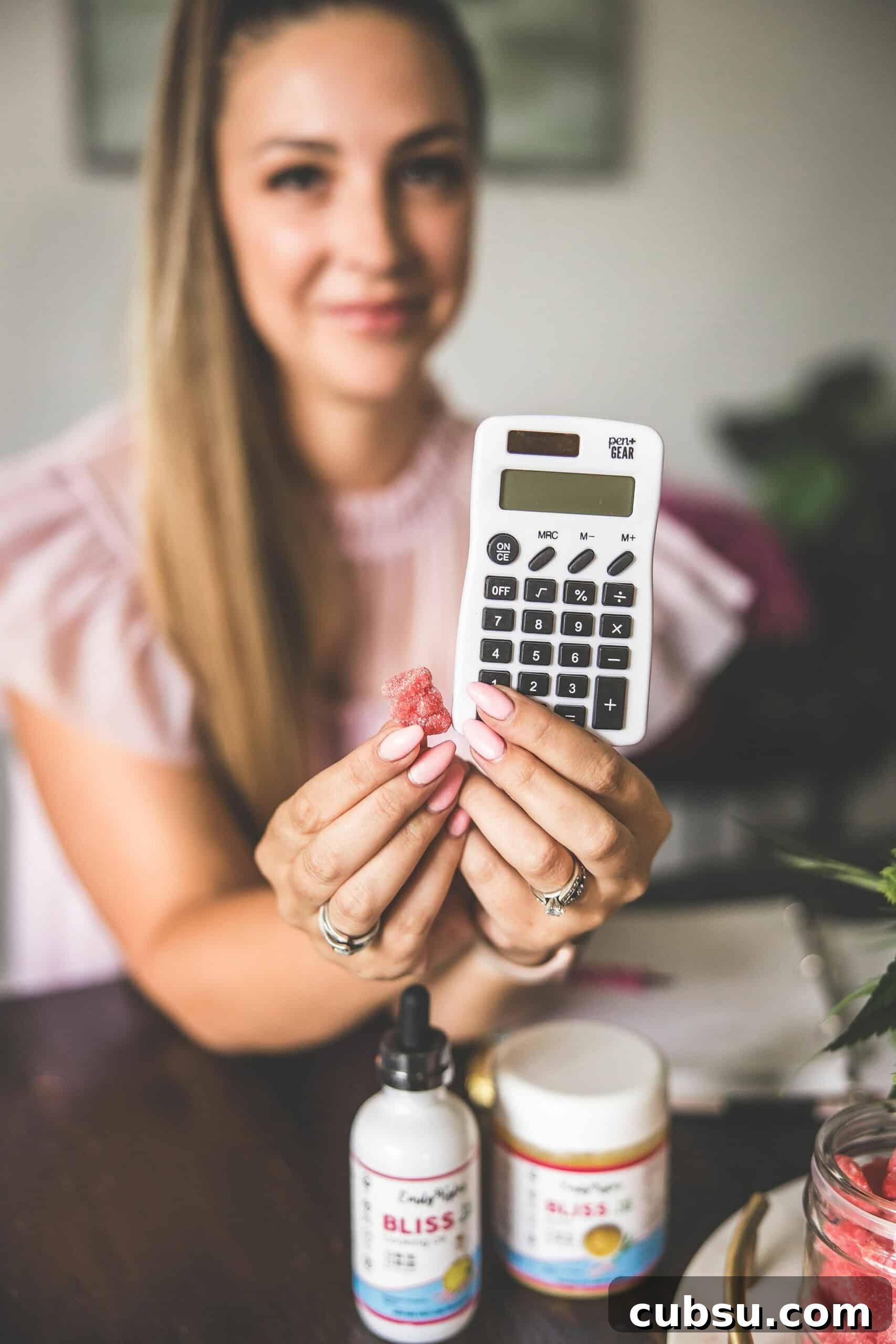 Edible Dosage & Potency Calculator for Precise Cannabis Dosing 2 A picture of a white calculator and a gummy bear edible.