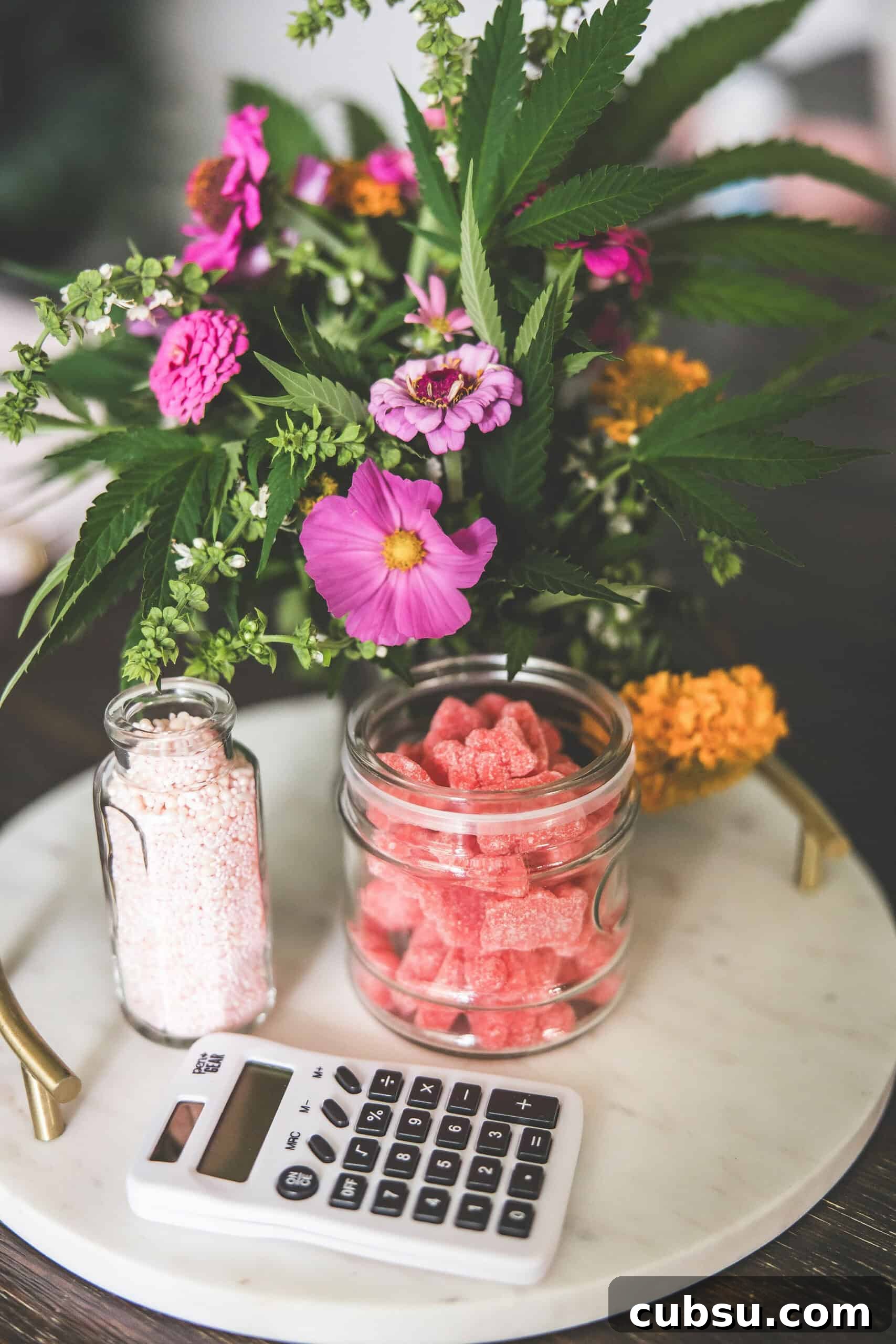 Edible Dosage & Potency Calculator for Precise Cannabis Dosing 3 A picture of a white calculator and a gummy bear edible.