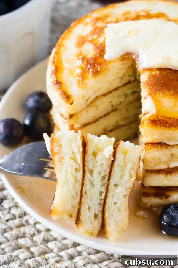 Light and Fluffy Ricotta Pancakes Recipe for Tender Stack 3 Fluffy Ricotta Pancakes. These ricotta pancakes have a deliciously creamy flavor and the fluffiest texture. They're perfect for creating tall pancake stacks - a the perfect way to make your pancakes extra special. www.justsotasty.com