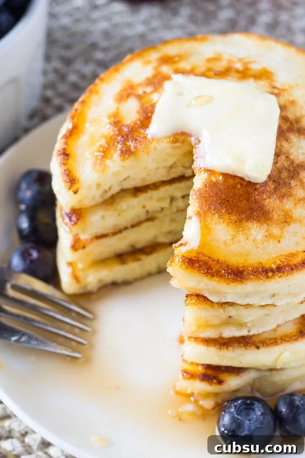 Light and Fluffy Ricotta Pancakes Recipe for Tender Stack 4 Fluffy Ricotta Pancakes. These ricotta pancakes have a deliciously creamy flavor and the fluffiest texture. They're perfect for creating tall pancake stacks - a the perfect way to make your pancakes extra special. www.justsotasty.com
