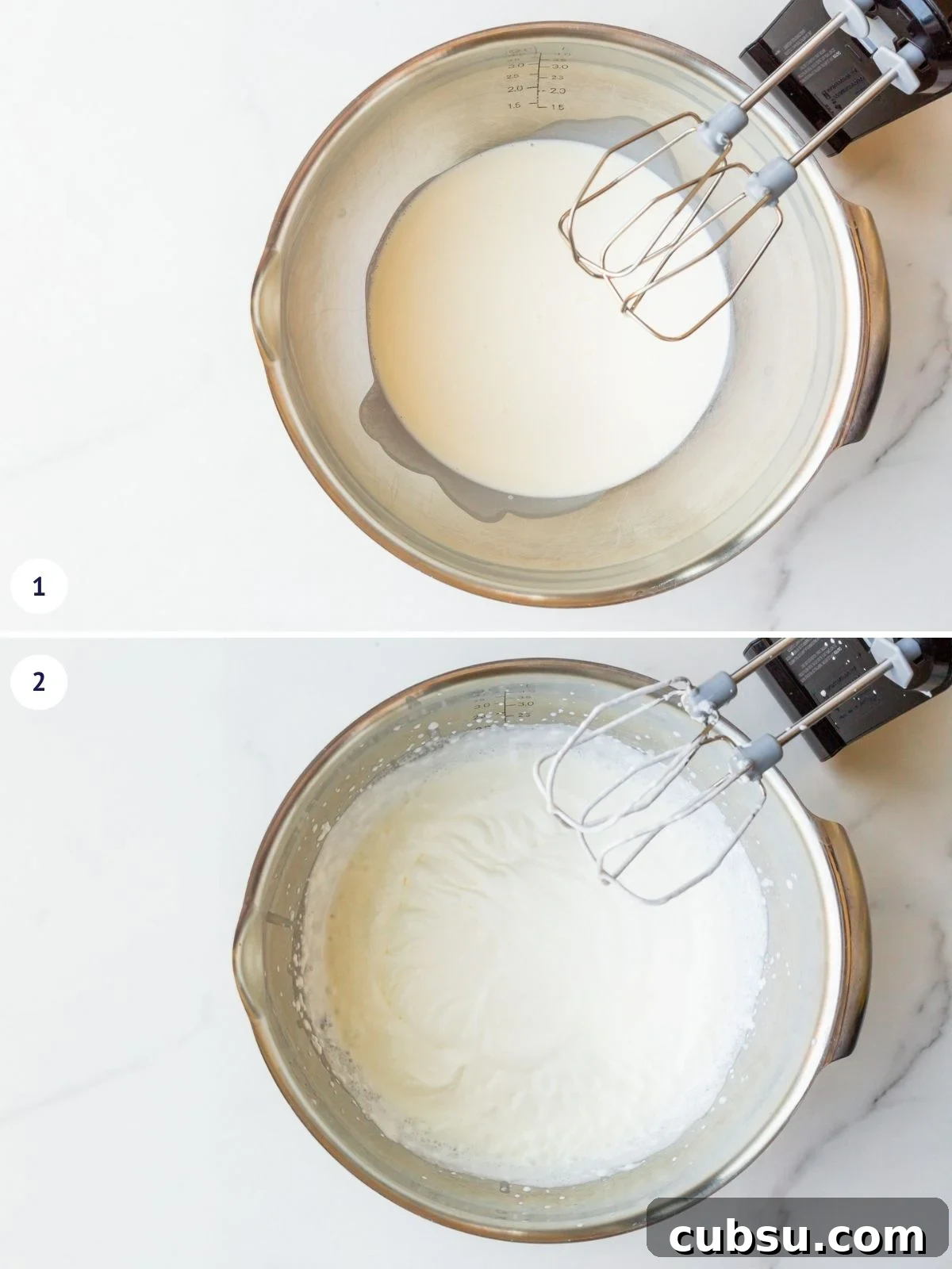 Whipping cream to soft peaks before adding sugar and vanilla to make whipped cream with an electric hand mixer.