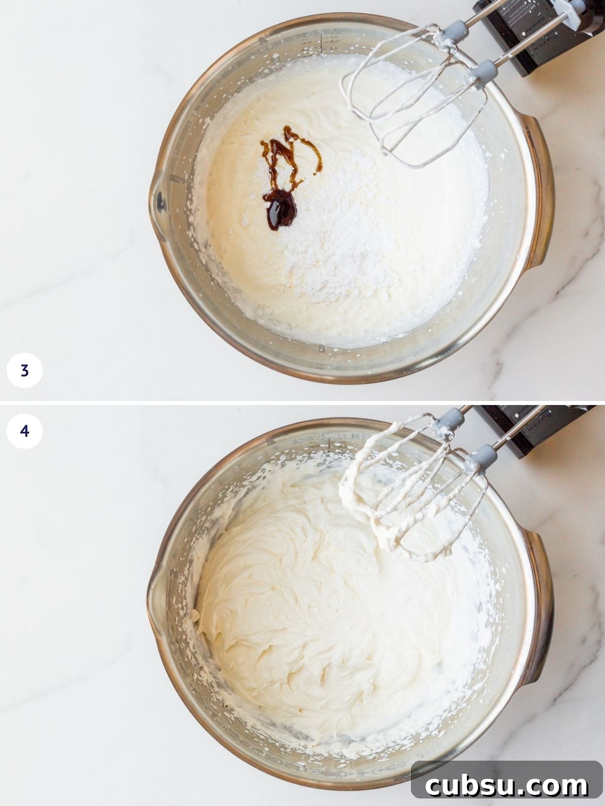 Whipping soft whipped cream with vanilla and sugar with an electric hand mixer.
