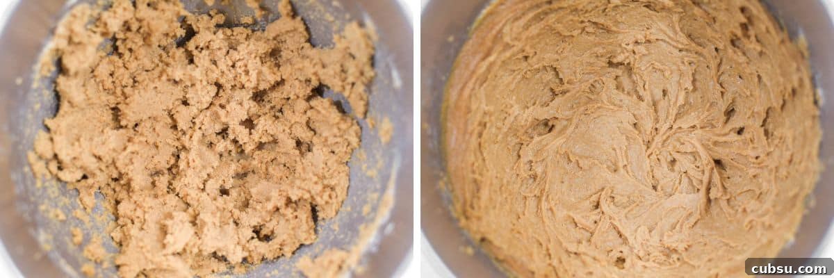 Peanut Butter and Jelly Cookie Recipe — Classic PB&J Cookies 4 process shots of mixing together butter and sugar and the adding wet ingredients to bowl