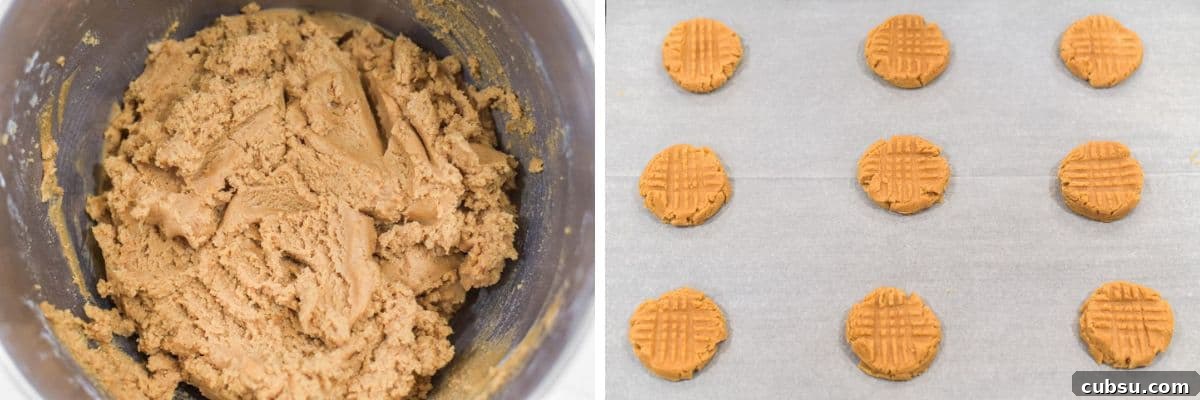 Peanut Butter and Jelly Cookie Recipe — Classic PB&J Cookies 5 process shots of adding dry ingredients to bowl and forming into balls and pressing down on baking sheet