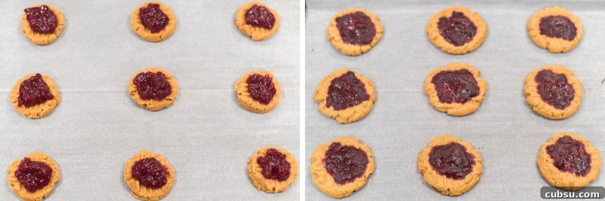 Peanut Butter and Jelly Cookie Recipe — Classic PB&J Cookies 6 process shots of adding dollop of jam on each cookie and baking