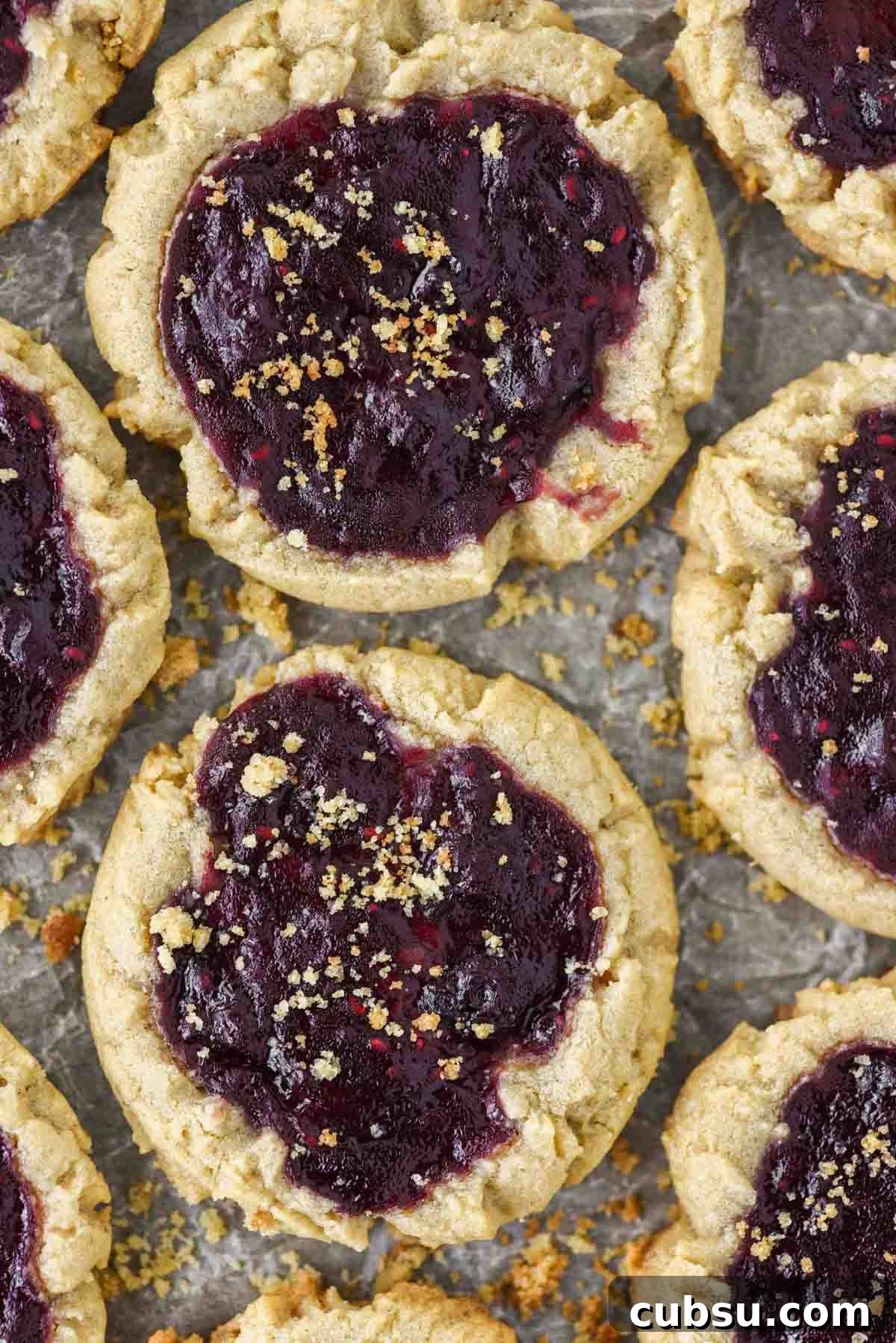 Peanut Butter and Jelly Cookie Recipe — Classic PB&J Cookies 7 overhead shot of peanut butter and jelly cookies on baking sheet