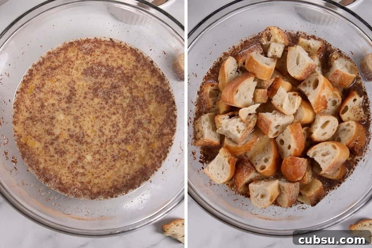 Instant Pot Overnight French Toast Casserole Side by side photo of egg custard with and without bread cubes.