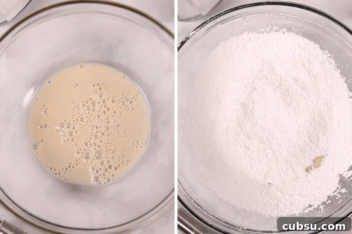 French Toast Casserole for Instant Pot Side by side photo of glaze being mixed together in clear mixing bowl.